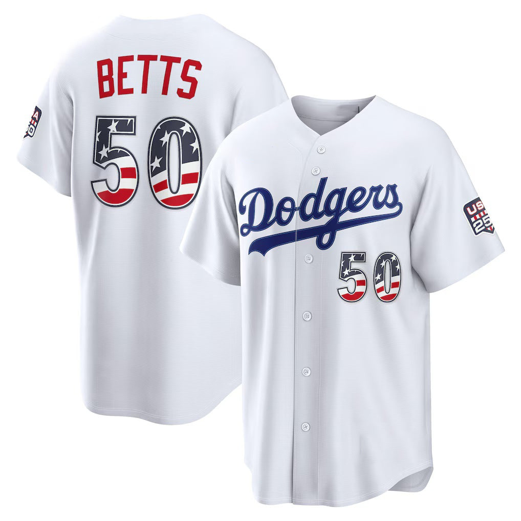 Los Angeles Dodgers #50 Mookie Betts White USA 250 Fourth of July Home Stadium Jersey