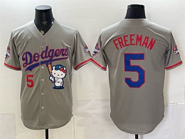 Los Angeles Dodgers #5 Freddie Freeman Grey Hello Kitty Night 2025 World Series Champions Patch Stitched Jersey