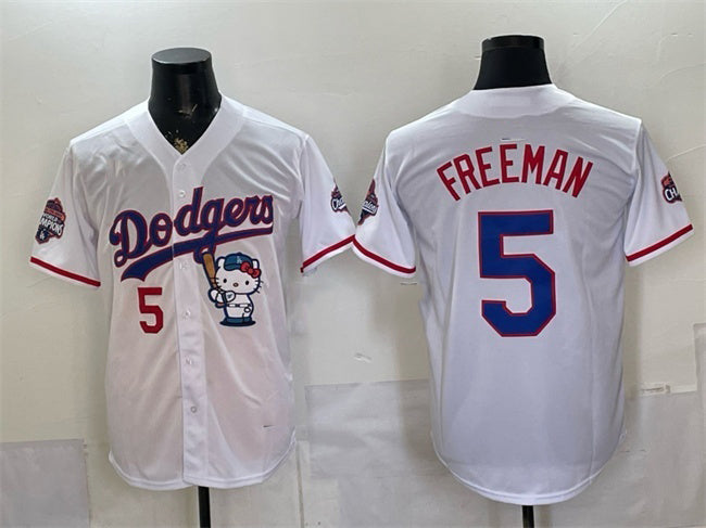 Los Angeles Dodgers #5 Freddie Freeman White Hello Kitty Night 2025 World Series Champions Patch Stitched Jersey