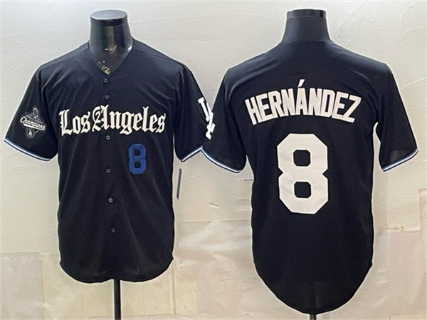 Los Angeles Dodgers #8 Enrique Hern¨¢ndez Black 2025 World Series Champions Patch 'Gothic Edition' Vapor Premier Limited Stitched Baseball Jersey