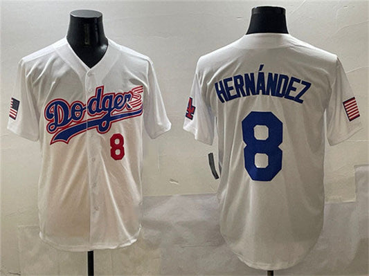 Los Angeles Dodgers #8 Enrique Hernández White With American Flag Patch Limited Stitched Baseball Jersey