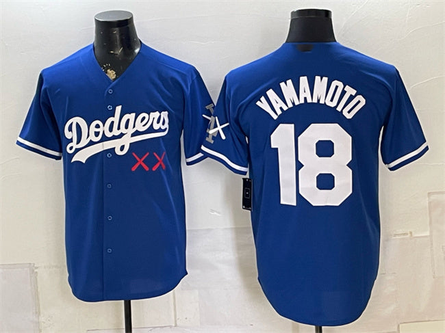 Los Angeles Dodgers x KAWS #18 Yoshinobu Yamamoto Royal Vapor Premier Limited Stitched Baseball Jersey