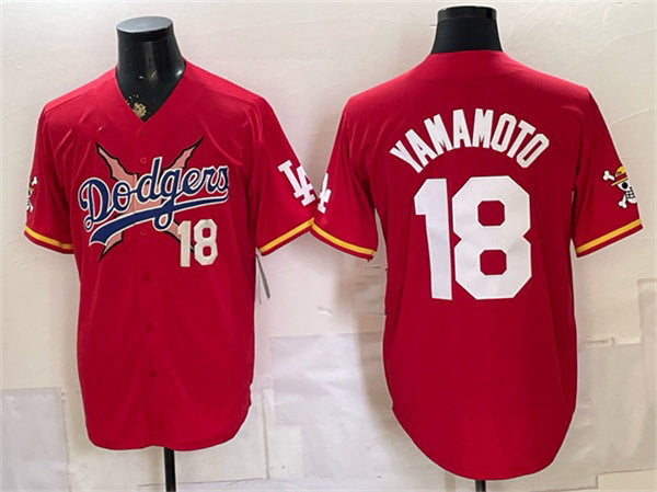 Los Angeles Dodgers x One Piece #18 Yoshinobu Yamamoto Red Vapor Premier Limited Stitched Baseball Jersey