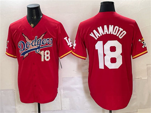 Los Angeles Dodgers x One Piece #18 Yoshinobu Yamamoto Red Vapor Premier Limited Stitched Baseball Jersey