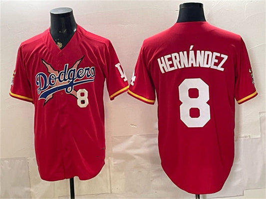 Los Angeles Dodgers x One Piece #8 Enrique Hern¨¢ndez Red Vapor Premier Limited Stitched Baseball Jersey