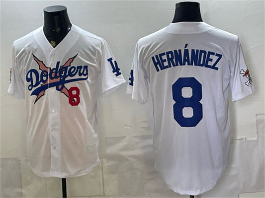 Los Angeles Dodgers x One Piece #8 Enrique Hern¨¢ndez White Vapor Premier Limited Stitched Baseball Jersey