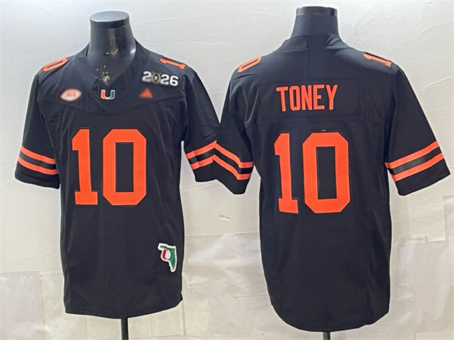 M.Hurricanes #10 Malachi Toney Black F.U.S.E. 2026 & Florida Patch Stitched Football American College Jerseys
