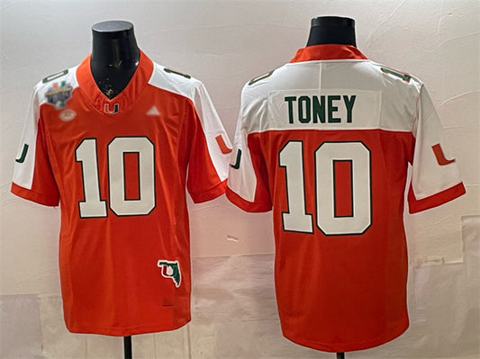 M.Hurricanes #10 Malachi Toney Orange Alternate F.U.S.E. Fiesta Bowl Champions & Florida Patch Stitched Football American College Jerseys