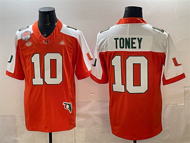 M.Hurricanes #10 Malachi Toney Orange Alternate F.U.S.E. The Fiesta Bowl Champions & Florida Patch Stitched Football American College Jerseys