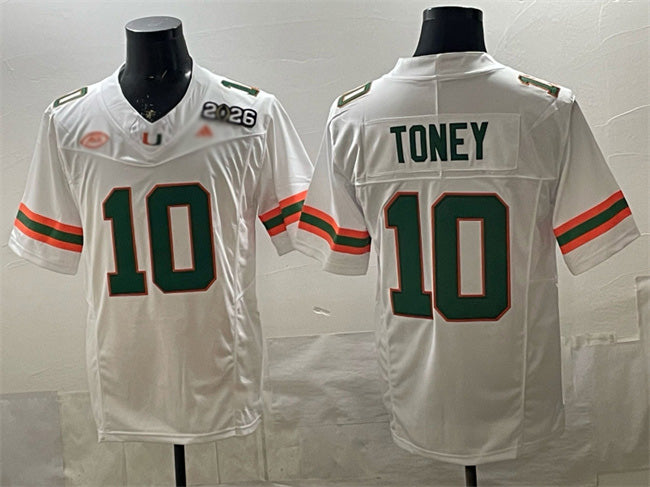 M.Hurricanes #10 Malachi Toney White F.U.S.E. 2026 & Florida Patch Stitched Football American College Jerseys