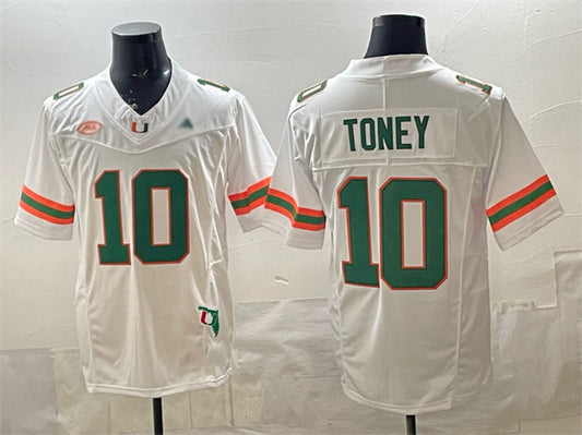 M.Hurricanes #10 Malachi Toney White F.U.S.E. Florida Patch Stitched Football College Jerseys