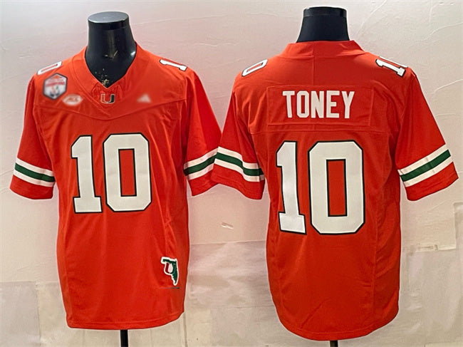 M.Hurricanes #10 Malachi Toney Orange F.U.S.E. Fiesta Bowl Champions & Florida Patch Stitched Football American College Jerseys