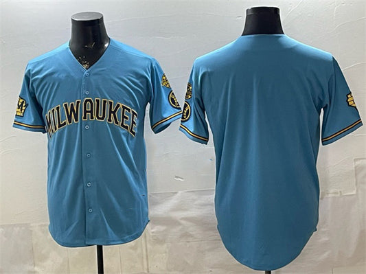 Milwaukee Brewers Blank Blue With Home & Bob Uecker Patch Stitched Baseball Jersey