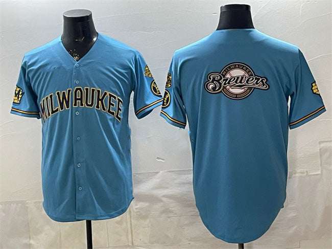 Milwaukee Brewers Team Big Logo Blue With Home & Bob Uecker Patch Stitched Baseball Jersey