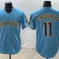 Milwaukee Brewers #11 Jackson Chourio Blue With Home & Bob Uecker Patch Stitched Baseball Jersey
