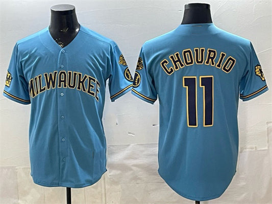 Milwaukee Brewers #11 Jackson Chourio Blue With Home & Bob Uecker Patch Stitched Baseball Jersey