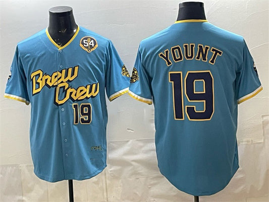 Milwaukee Brewers #19 Robin Yount Powder Blue City Connect With Home & Bob Uecker Patch Limited Stitched Baseball Jersey