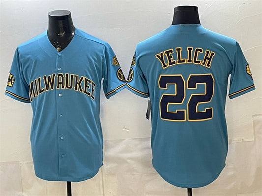 Milwaukee Brewers #22 Christian Yelich Blue With Home & Bob Uecker Patch Stitched Baseball Jersey
