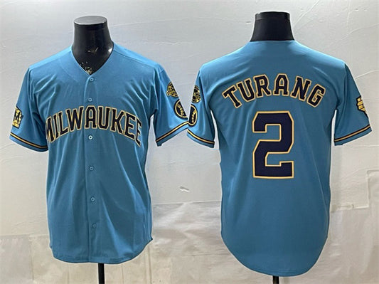 Milwaukee Brewers #2 Brice Turang Blue With Home & Bob Uecker Patch Stitched Baseball Jersey