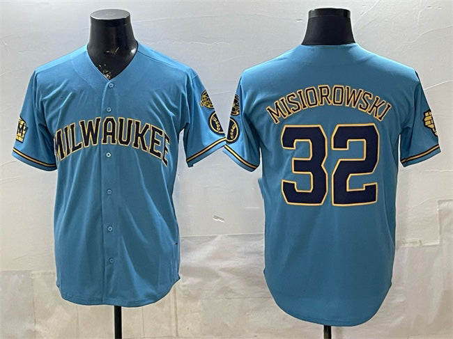 Milwaukee Brewers #32 Jacob Misiorowski Blue With Home & Bob Uecker Patch Stitched Baseball Jersey