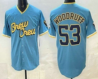 Milwaukee Brewers #53 Brandon Woodruff Powder Blue 2022 City Connect Cool Base Stitched Baseball Jersey