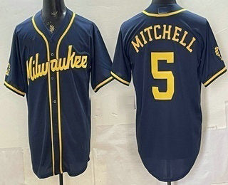 Milwaukee Brewers #5 Garrett Mitchell Navy Blue Stitched Cool Base Jersey