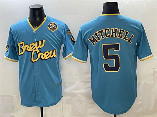 Milwaukee Brewers #5 Garrett Mitchell Powder Blue City Connect With Home & Bob Uecker Patch Limited Stitched Baseball Jersey