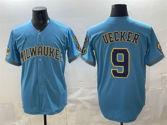 Milwaukee Brewers #9 Bob Uecker Blue With Home & Bob Uecker Patch Stitched Baseball Jersey