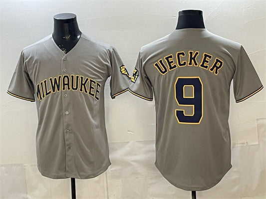 Milwaukee Brewers #9 Bob Uecker Grey Home Limited Stitched Baseball Jersey