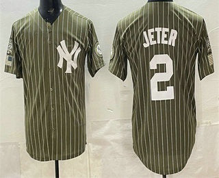 New York Yankees #2 Derek Jeter Olive Pinstripe 2026 Armed Forces Day Salute To Service Jersey