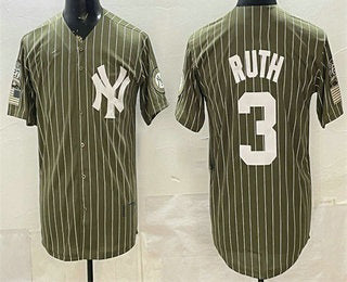 New York Yankees #3 Babe Ruth Olive Pinstripe 2026 Armed Forces Day Salute To Service Jersey