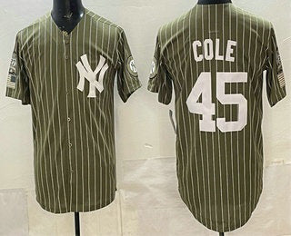 New York Yankees #45 Gerrit Cole Olive Pinstripe 2026 Armed Forces Day Salute To Service Jersey