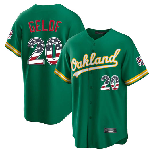 Oakland Athletics #20 Zack Gelof Player Kelly Green USA 250 Fourth of July Home Game Stitched Baseball Jersey