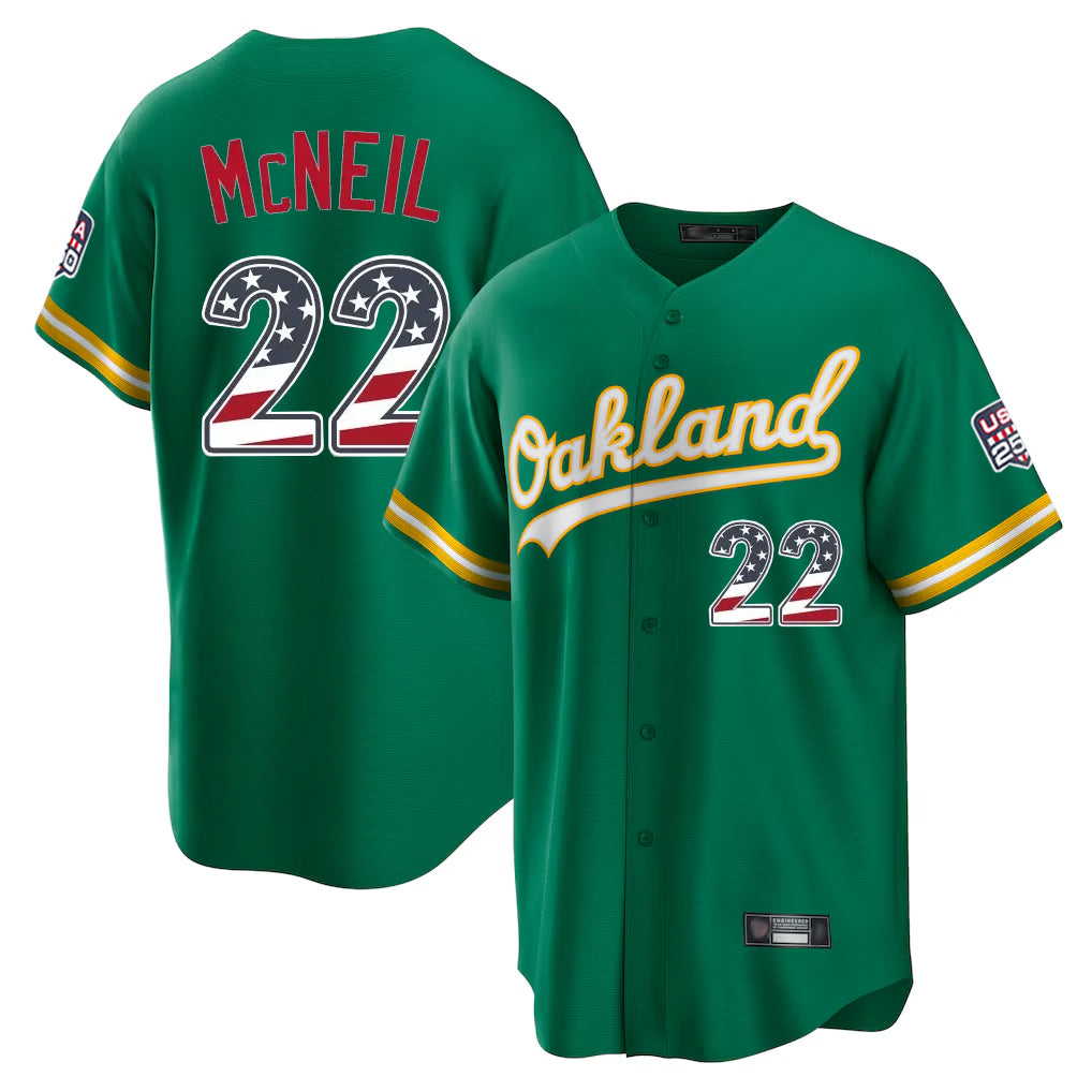 Oakland Athletics #22 Jeff McNeil Player Kelly Green USA 250 Fourth of July Home Game Stitched Baseball Jersey