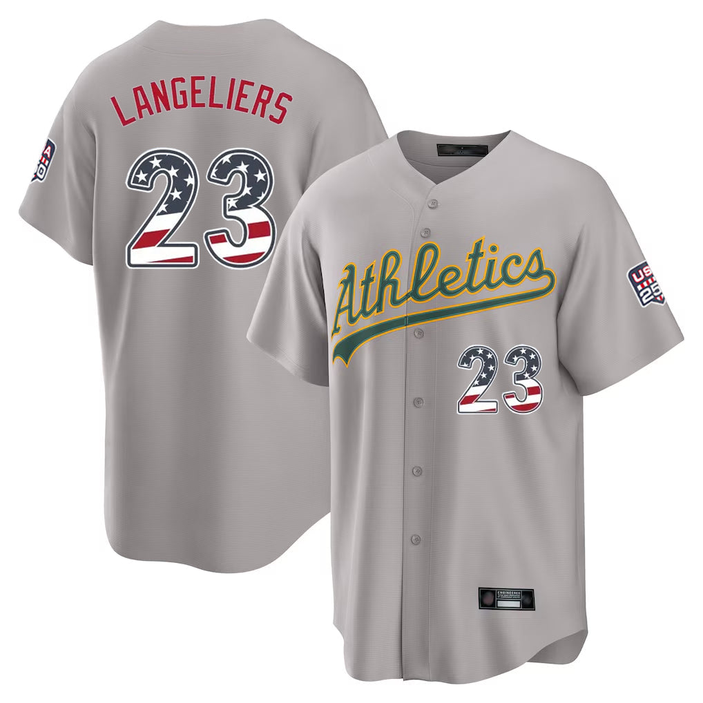 Oakland Athletics #23 Shea Langeliers Player Gray USA 250 Fourth of July Home Game Stitched Baseball Jersey