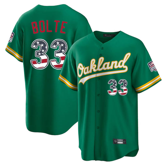 Oakland Athletics #33 Henry Bolte Player Kelly Green USA 250 Fourth of July Home Game Stitched Baseball Jersey