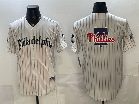 Philadelphia Phillies Team Big Logo Cream Pinstripe Gothic Vapor Limited Stitched Baseball Jersey