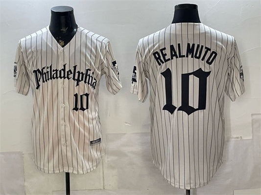 Philadelphia Phillies #10 J.T. Realmuto Cream Pinstripe Gothic Vapor Limited Stitched Baseball Jersey
