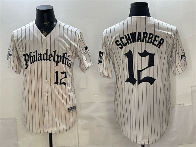 Philadelphia Phillies #12 Kyle Schwarber Cream Pinstripe Gothic Vapor Limited Stitched Baseball Jersey