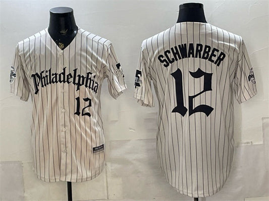 Philadelphia Phillies #12 Kyle Schwarber Cream Pinstripe Gothic Vapor Limited Stitched Baseball Jersey