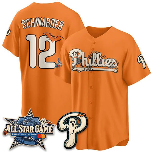 Philadelphia Phillies #12 Kyle Schwarbe Orange Puhics Halloween 2026 Vapor Limited Stitched Jersey