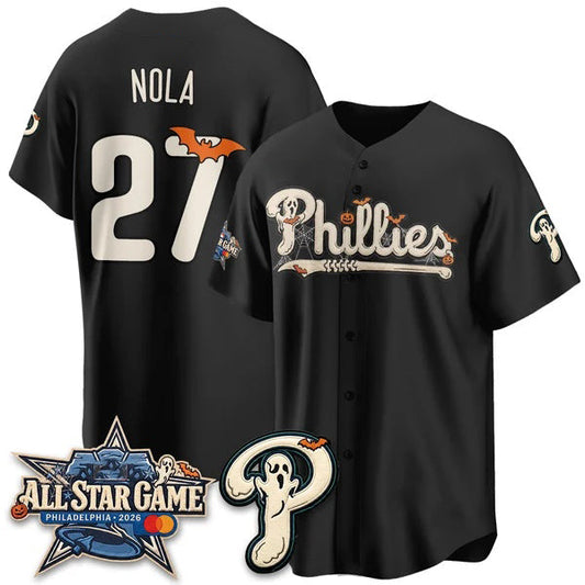 Philadelphia Phillies #27 Aaron Nola Black Puhics Halloween 2026 Vapor Limited Stitched Jersey