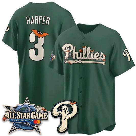 Philadelphia Phillies #3 Bryce Harper Green Puhics Halloween 2026 Vapor Limited Stitched Jersey