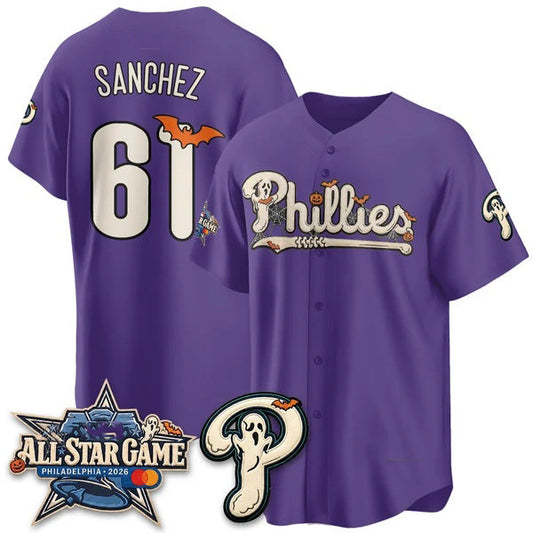 Philadelphia Phillies #61 Cristopher S¨¢nchez Purple Puhics Halloween 2026 Vapor Limited Stitched Jersey
