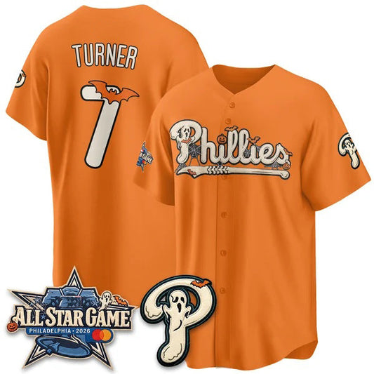 Philadelphia Phillies #7 Trea Turner Orange Puhics Halloween 2026 Vapor Limited Stitched Jersey