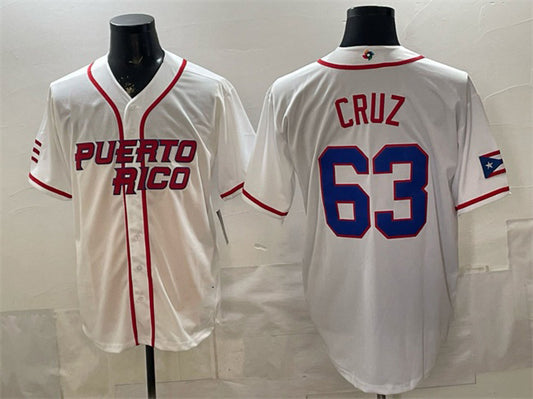 Puerto Rico Baseball #63 Fernando Cruz White 2026 World Baseball Classic Home Stadium Stitched Baseball Jersey