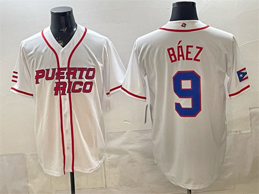 Puerto Rico Baseball #9 Javier Báez White 2026 World Baseball Classic Home Stadium Stitched Baseball Jersey