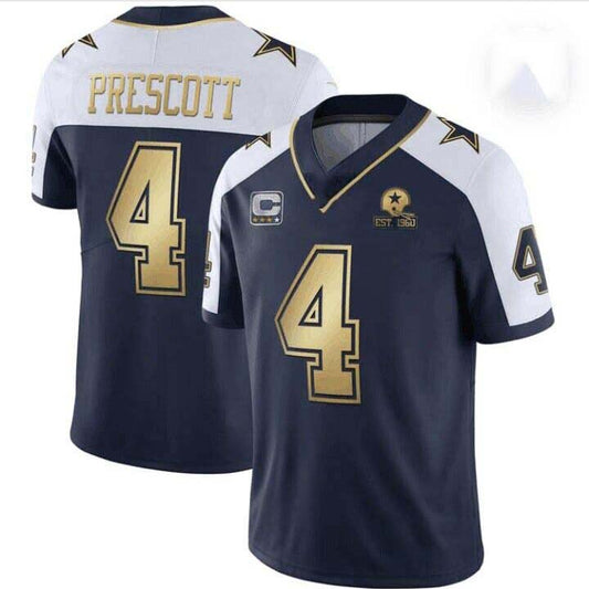 D.Cowboys #4 Dak Prescott Navy Team Gold C Patch Stitched American Football Jerseys