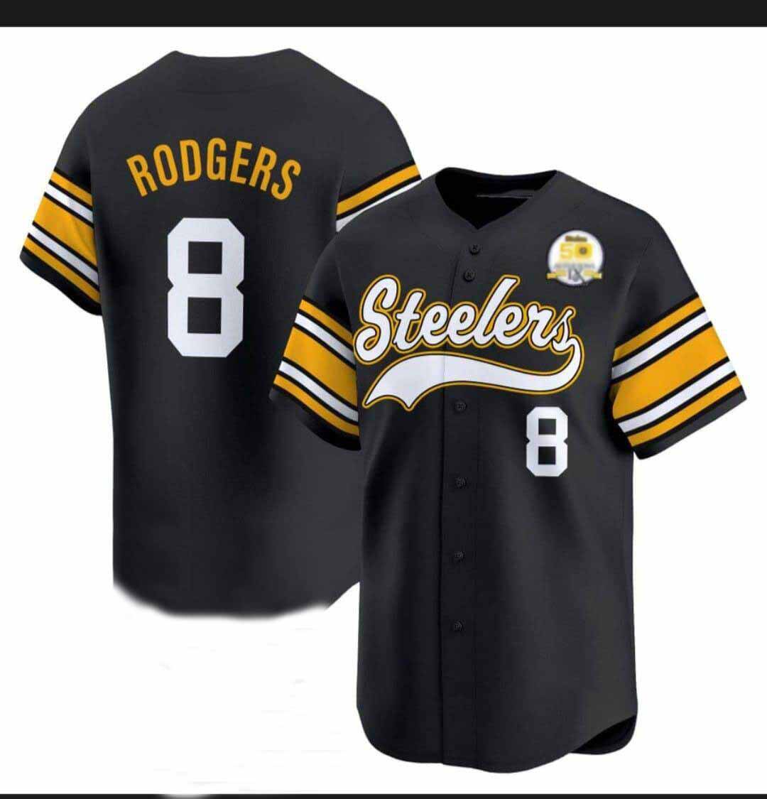 P.Steelers #8 Aaron Rodgers Black 50th Anniversary Patch Vapor Premier Baseball Jersey – All Stitched American Football Jerseys