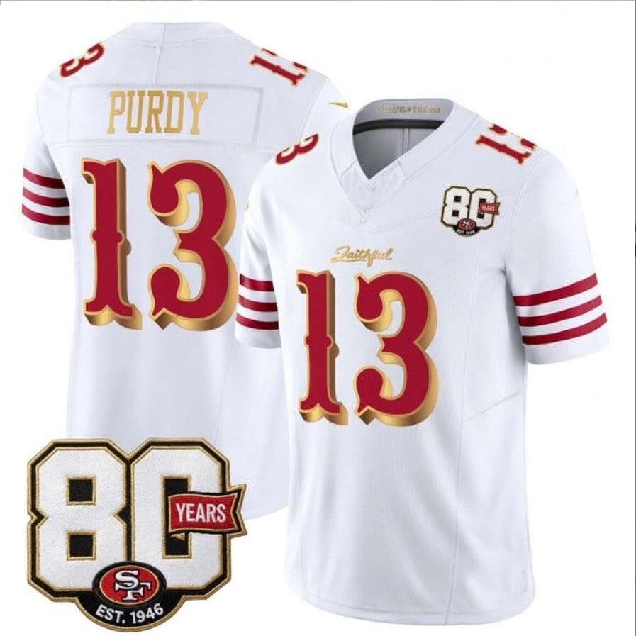 SF.49ers #13 Brock Purdy White Gold 80th Anniversary Patch “Rivalries” 2026 F.U.S.E. Vapor Untouchable Limited Football Stitched Jersey